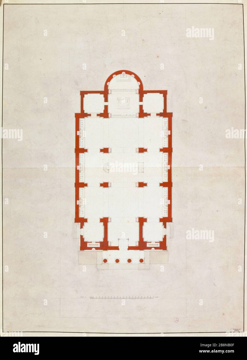 Projet de construction d'une église à Chaussee d'Antin; plan d'église de notre Dame de Loreto Anonyme. Projet d'une église à construire à chaussée d'Antin; plan de l'Église notre-Dame de Lorette. Panache, crayon, gris lavis, rose et gouache. Paris, musée Carnavalet. Banque D'Images