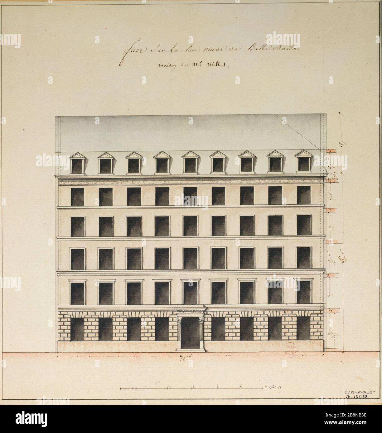 Élévation de la maison de M. Millot face sur Bellechasse Anonyme. Elévation de la maison de M. Millot, face sur la rue Bellechasse. Paris (VIIIème arr.). Panache, lavis d'erre de chine, rose et bleu. Paris, musée Carnavalet. Banque D'Images