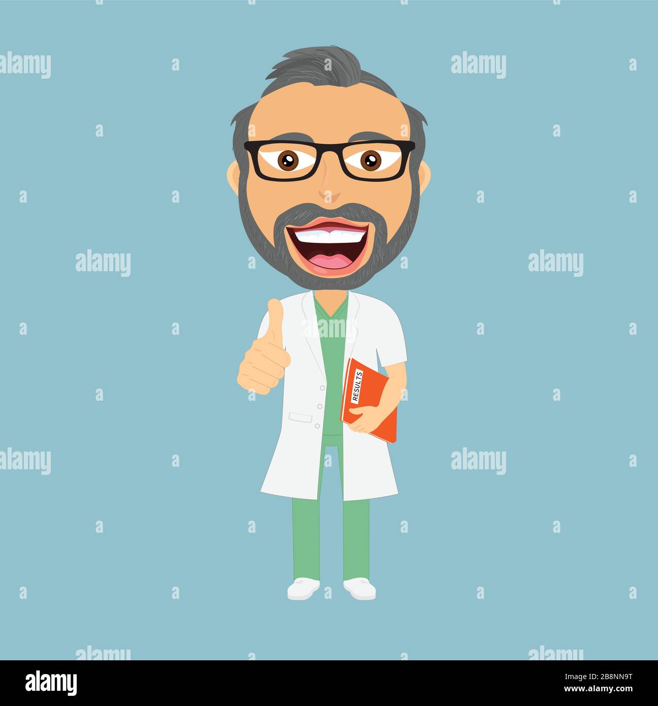 Enduisez et frottez votre chirurgien médecin souriant avec les pouces vers le haut et bon dossier de nouveaux résultats. Le dossier est orange, le costume est vert, il a une barbe et g Illustration de Vecteur