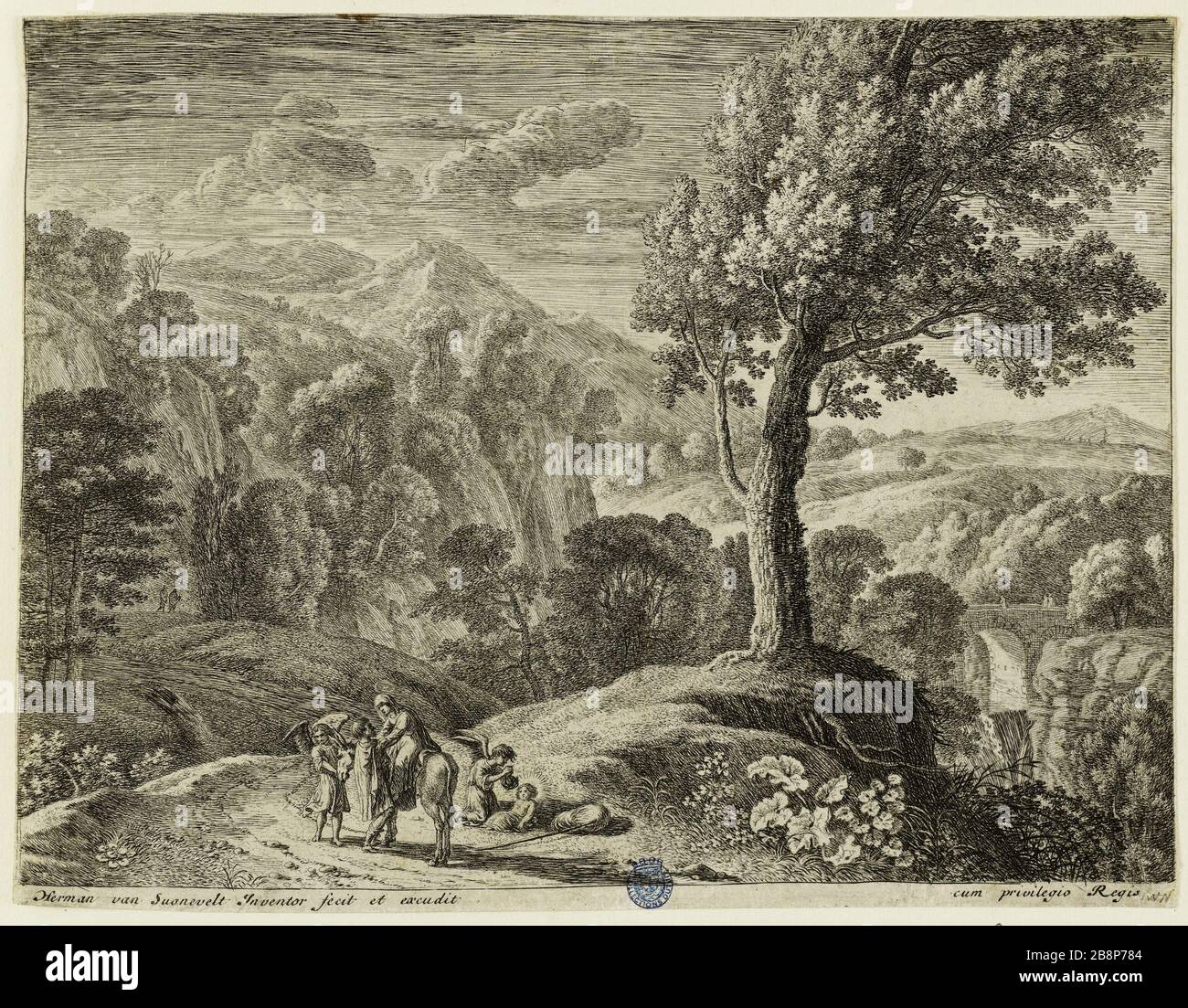 Le grand arbre et la cascade (Bartsch 98) Herman van Swanevelt (1600-1655). 'Le grand arbre et la cascade (Bartsch 98)'. Eau-forte, XVIIème siècle. Musée des Beaux-Arts de la Ville de Paris, petit Palais. Banque D'Images