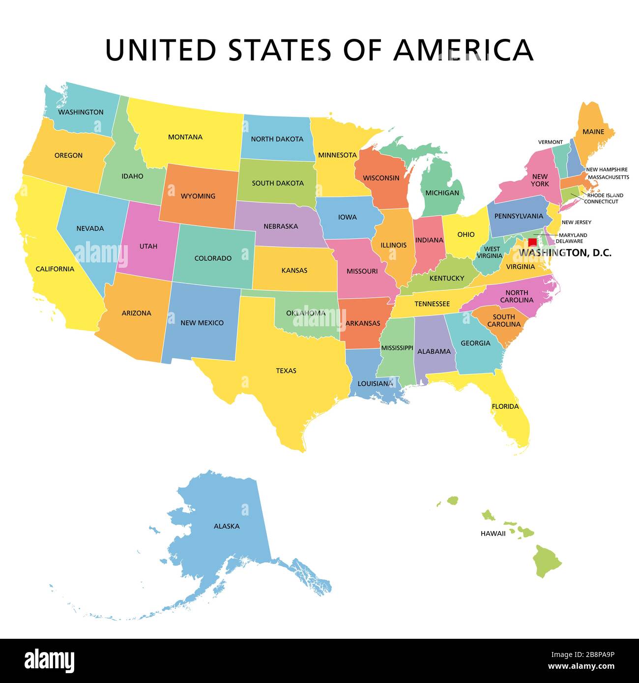 États-Unis d'Amérique, carte politique multicolore. 50 états ayant leur propre territoire géographique, entités constituantes, liés ensemble dans une union. Banque D'Images