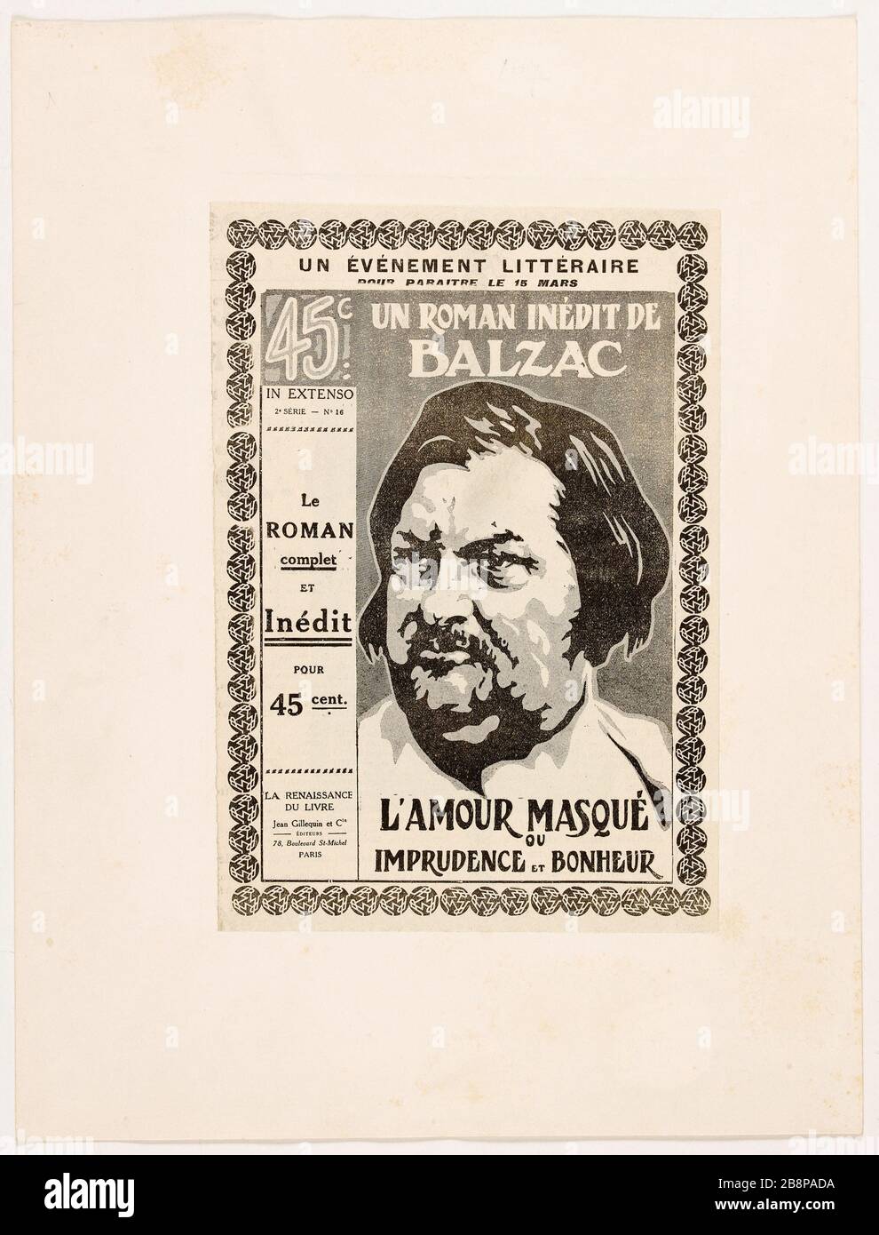 Couverture pour un roman inédit de Balzac : l'amour et le bonheur masqués ou imprudents 'la 'aquette de couverture pour un inédit inédit inédit de l'inédit inédit de Balzac : l'amour masqué ou imprudence et bonheur'. Balzac, Honoré de (1799-1850). Reproduction photo-mécanique. Paris, Maison de Balzac. Banque D'Images