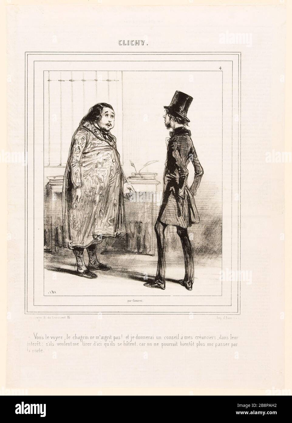 Vous voyez, la douleur ne m'aidait pas! Et je donnerai des conseils à mes créanciers, dans leur intérêt s'ils veulent m en dehors d'ici ils se pressent parce que nous pourrions bientôt me passer par la porte. [Balzac load Portrait] Gavarni (Hippolyte Guillaume Sulpice Chevalier, dit) (1804-1866). 'Vous le texte, le chagrin ne m'aigrit pas ! Et je donnerai un conseil à mes créanciers, dans leur intérêt : s'ils vétulent m tirer d'ici qu'ils se tente, car on pourrit bientôt plus me passant par la porte. [Charge portrait de Balzac]'. Balzac, Honoré de (1799-1850). lithographie. 19ème siècle. Paris, Maison de Balzac. Banque D'Images