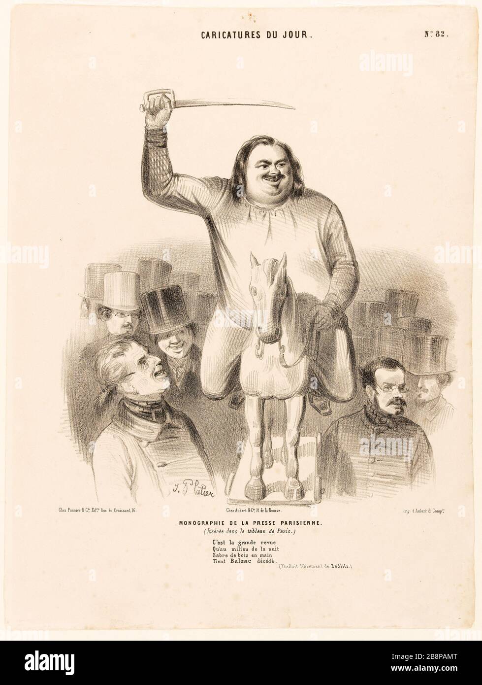 Caricatures du jour / monographie de la presse parisienne, portrait-charge de Balzac sur un cheval sur roues Platier, I. 'Caricatures du jour/ monographie de la presse parisienne, portrait-charge de Balzac sur un cheval à roulettess'. Balzac, Honoré de (1799-1850). lithographie. 19ème siècle. Paris, Maison de Balzac. Banque D'Images
