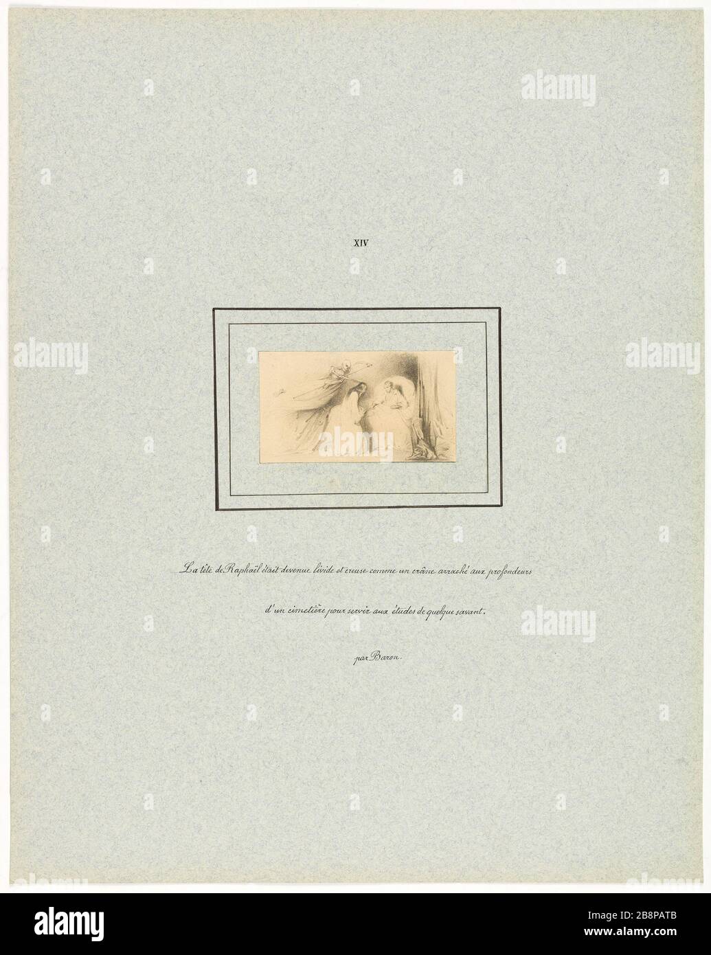 La tête de Raphaël est devenue pâle (plate XIV) Henri-Charles Baron (1816-1885). La peau de Chagrin pour l'édition Delloye et Lecou (1838). 'La tête de Raphaël était devenue livide' (planète XIV)'. Illustration de 'la Comédie humiine' d'Honoré de Balzac (1799-1850). Dessert à la mine de plomb. 1838. Paris, Maison de Balzac. Banque D'Images