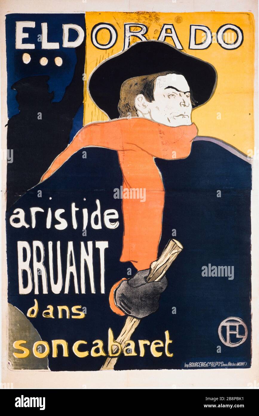 Eldorado, Aristide Bruant dans son Cabare Henri de Toulouse-Lautrec (1864-1901) ; Imprimerie Bourgerie et Cie. 'Eldorado, Aristide Bruant dans son Cabaret'. Fiche. Lithographie couleur. 1892. Paris, musée Carnavalet. Banque D'Images