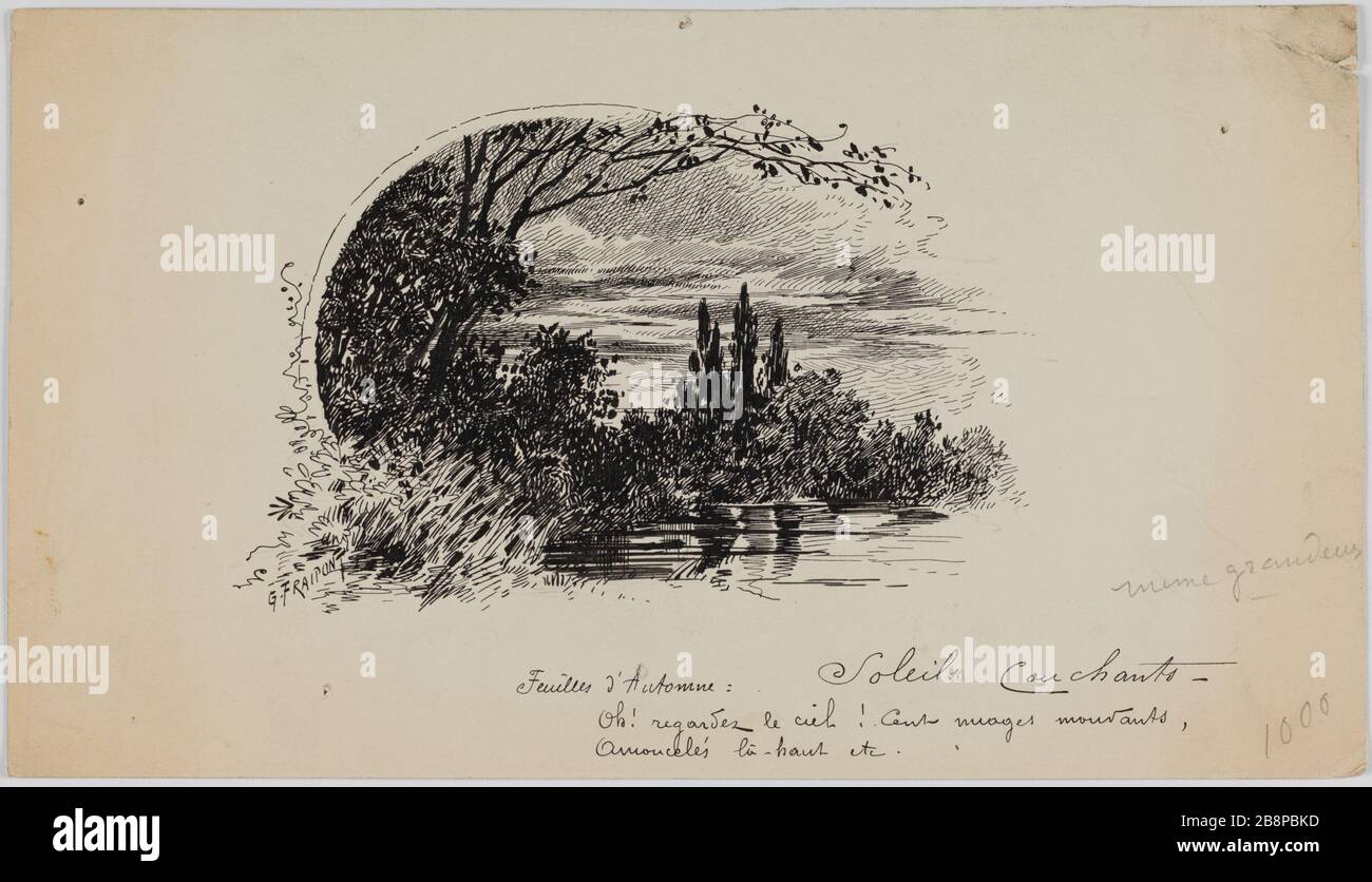 CUL-de-lampe 'Sunset' pour le chapitre sur les feuilles d'automne. Illustration du "Livre d'or de Victor Hugo Gustave Farifont (1849-1923). 'Cul-de-lampe 'soleil couchant' pour le chapître 'les feuilles d'automne'. Illustration pour le Livre d'Or de Victor Hugo. Encre sur papier. 1882. Paris, Maison de Victor Hugo. Banque D'Images