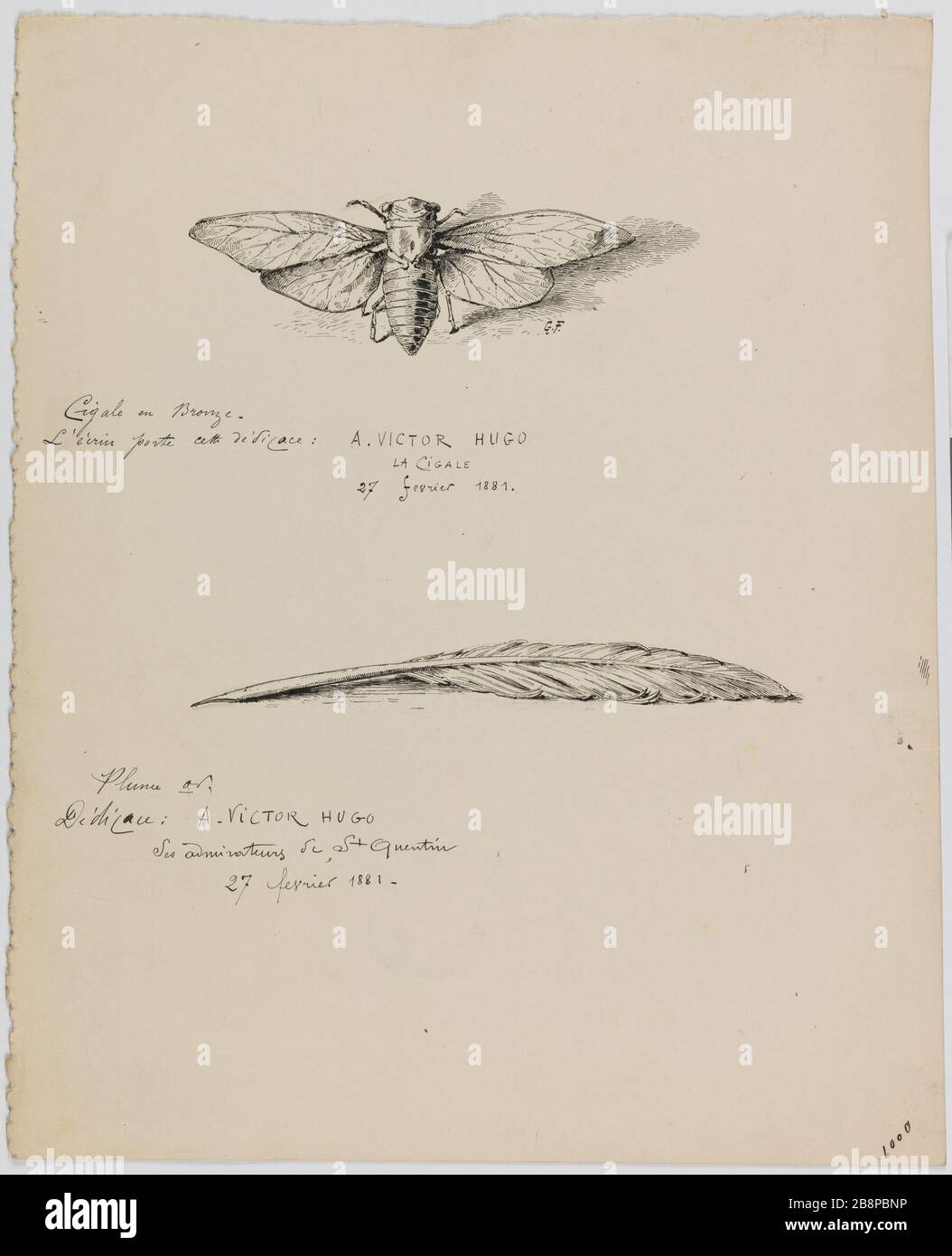 Miniatures du chapitre 'la fête du 27 février 1881', 'cicada', p. 308 et 'stylo doré'. Illustration du "Livre d'or de Victor Hugo Gustave Farifont (1849-1923). 'Vignette pour le chapître 'la Fête du 27 février 1881', 'la cigale', p.T' et 'plume en or'. Illustration pour le Livre d'Or de Victor Hugo. Encre sur papier. 1882. Paris, Maison de Victor Hugo. Banque D'Images
