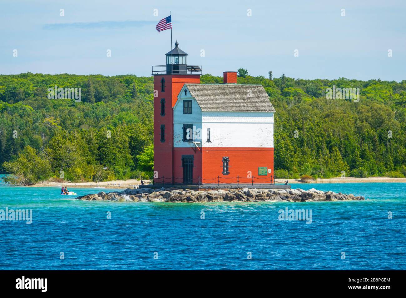 Phare de Round Island dans le détroit de Mackinac près de l'île Mackinac, Michigan, États-Unis Banque D'Images
