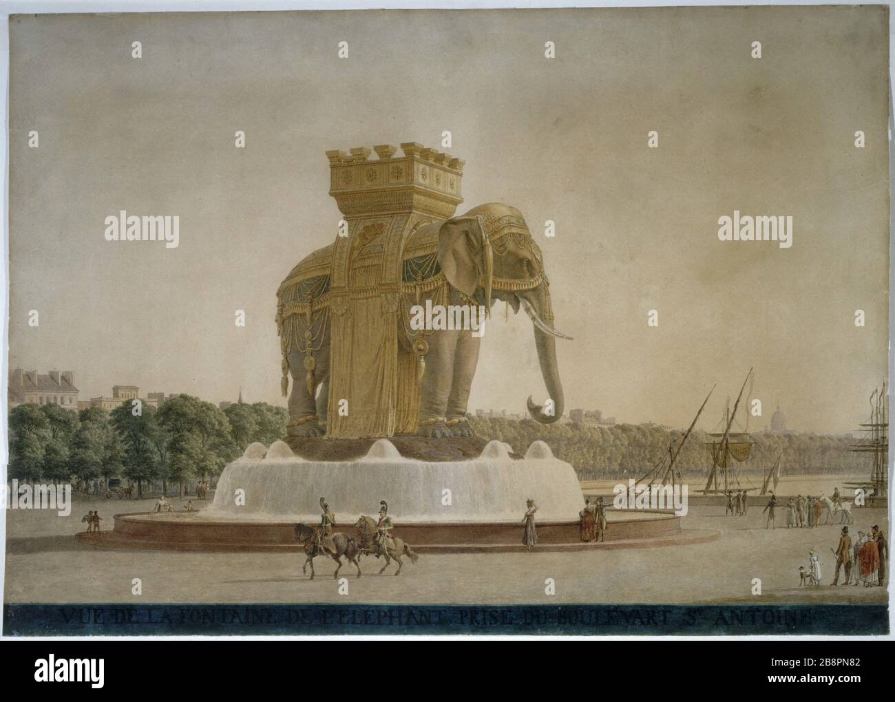 Vue sur la fontaine de l'éléphant prise Boulevard St Antoine par Jean-Antoine ALAVOINE architecte de ce monument en 1814 .. Jean-Antoine ALAVOINE le Chevalier (1776-1834). 'La fontaine de l'éléphant, place de la Bastille'. Aquaelle sur papier. Paris, musée Carnavalet. Banque D'Images