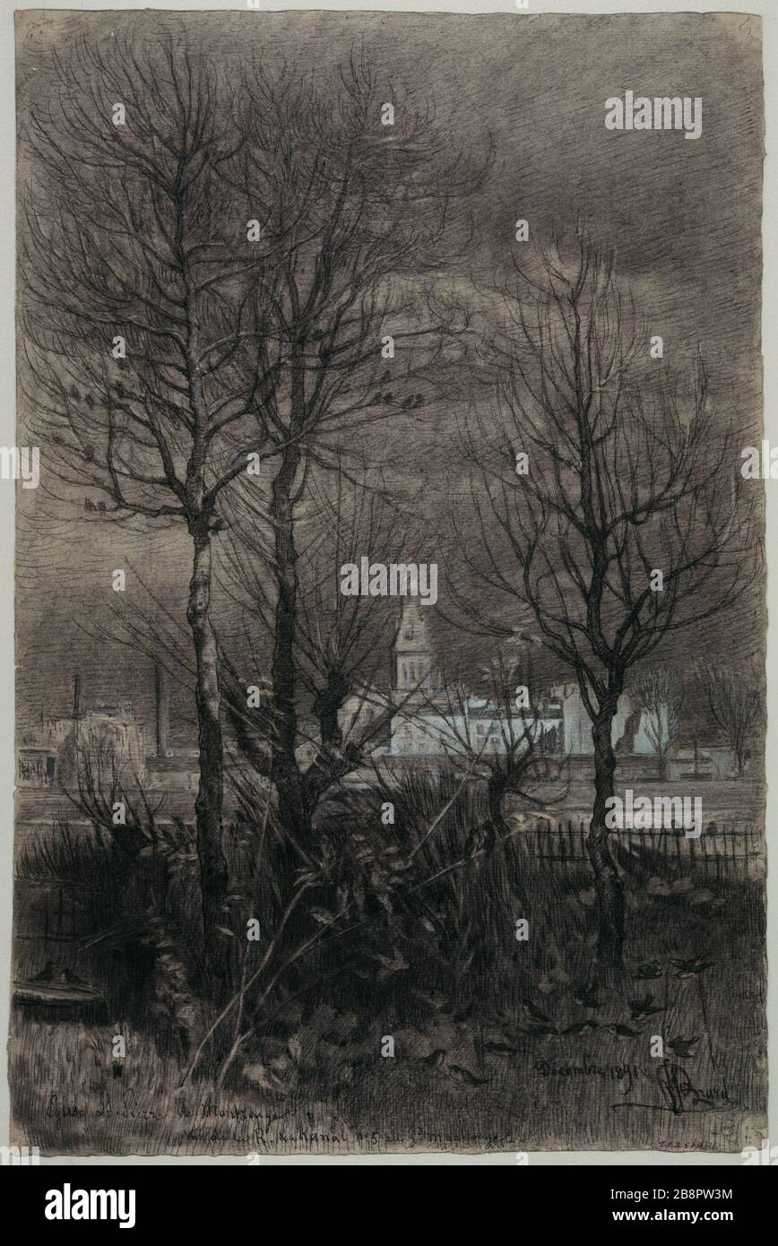 Voir l'église Saint-Pierre de Montrouge prenant le Grand Montrouge, 1891 Félix Brard (actif au XIXème siècle). Vue de l'Église Saint-Pierre de Montrouge levier du Grand-Montrouge. Panache et bleu-bleu sur papier rose beige. Paris (XIVème arr.), 1891. Paris, musée Carnavalet. Banque D'Images