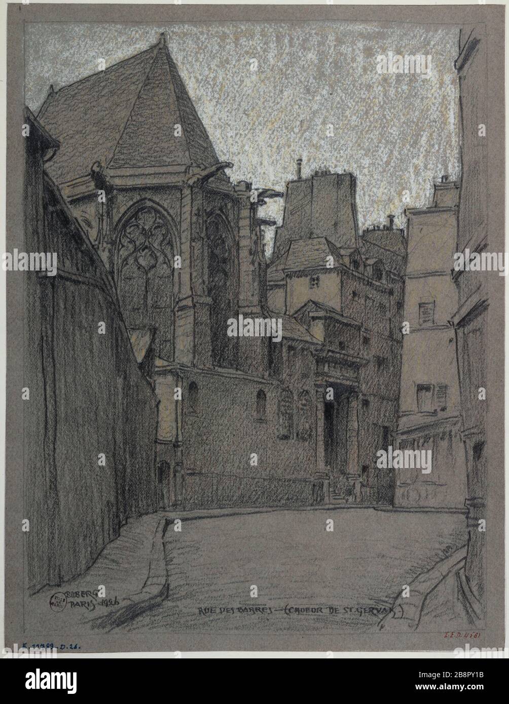 La rue des bars. Le choeur de Saint-Gervais Saint-Protais 1926 Gustave Ferdinand Boberg (1860-1946), architecte suédois. La rue des Barres. Le choeur de Saint-Gervais-Saint-Protais. Crayon blanc. Paris (IVème arr.), 1926. Paris, musée Carnavalet. Banque D'Images