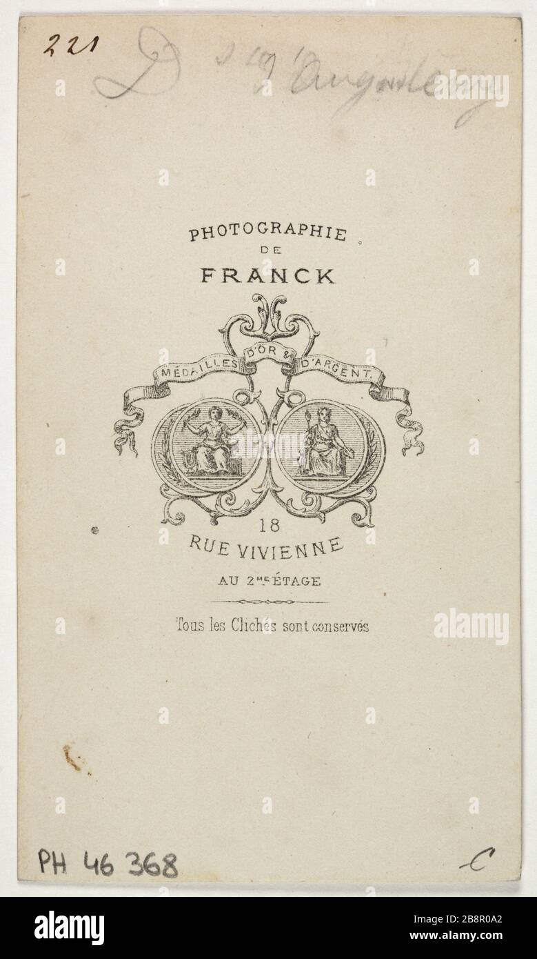 Portrait de la duchesse d'Angoulême (Marie Thérèse Charlotte, Madame Royale), (1778-1851) Franck (François Gobinet de Villechole, dit). Portrait de Marie-Thérèse Charlotte, Madame Royale, duchesse d'Angoulême (1778-1851). Carte de visite (verso). Rage sur papier alluminé. 1870-1890. Paris, musée Carnavalet. Banque D'Images