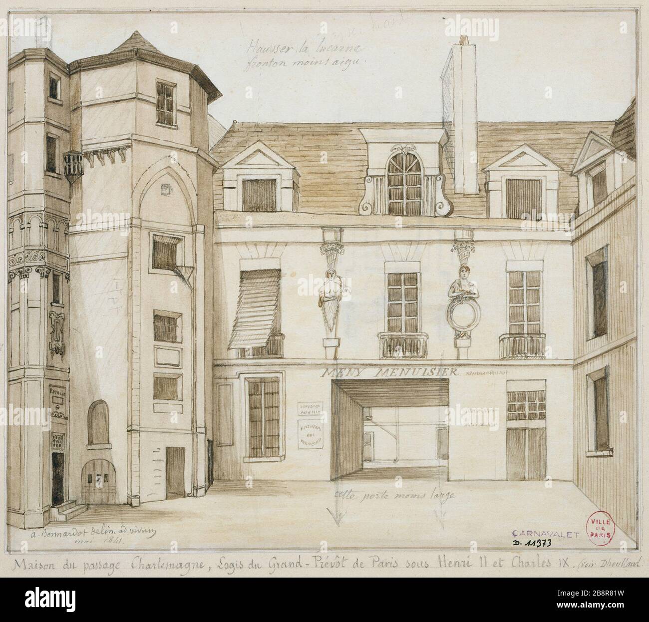 MAISON DE PASSAGE CHARLEMAGNE, LES GRAND PARIS SOUS PREVOT HENRI II ET CHARLES IX ALFRED BONNARDOT (1808-1884). 'Raison du passage Charlemagne, logis du Grand Prévôt de Paris sous Henri II et Charles IX, 1841'. Paris, musée Carnavalet. Banque D'Images