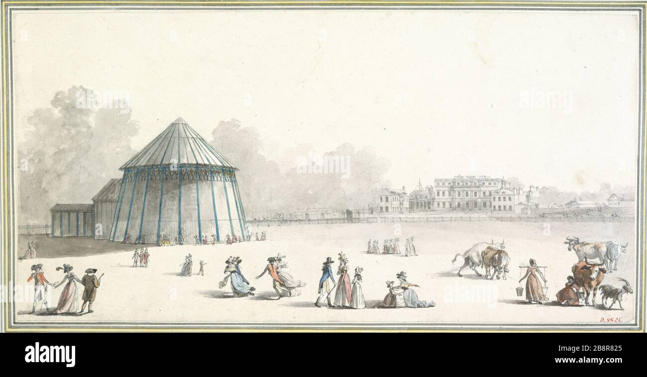 Vue sur le pavillon érigé dans le parc vert François-Joseph Belanger (1744-1818). 'Vue du pavillon érigé dans le parc verdoyant'. Lavis de panache. Paris, musée Carnavalet. Banque D'Images