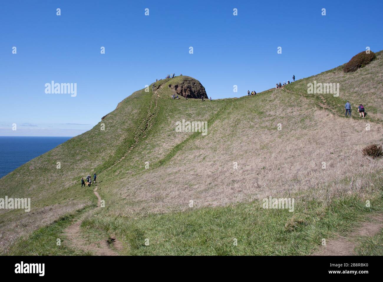 Les gens grimpent sur le sentier escarpé menant à God's Thumb, un bouchon volcanique qui est un lieu de randonnée populaire à Lincoln City, Oregon, États-Unis. Banque D'Images