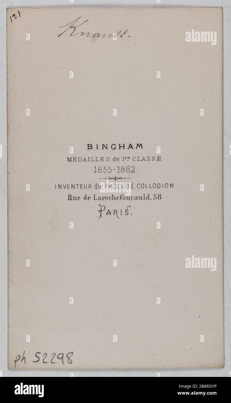 Portrait de Louis Knauss (1829-1910), peintre allemand. Portrait de Louis Knauss (1829-1910), peintre allemand. 1860-1890. Carte de visite (verso). Photo de Robert Jefferson Bingham (1824-1870). Paris, musée Carnavalet. Banque D'Images