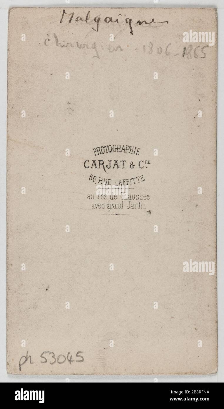 Malgaigne Portrait de Joseph Francis (1806-1865), (chirurgien, président de l'Académie de médecine, député de Paris) Portrait de Joseph François Malgaigne (1806-1865), Chrourgien, président de l'Académie de médecine, saisie de Paris. Carte de visite (verso). Photo de Carjat & Cie. Tirage sur papier alluminé. 1860-1890. Paris, musée Carnavalet. Banque D'Images Malgaigne Portrait de Joseph Francis (1806-1865), (chirurgien, président de l'Académie de médecine, député de Paris) Portrait de Joseph François Malgaigne (1806-1865), Chrourgien, président de l'Académie de médecine, saisie de Paris. Carte de visite (verso). Photo de Carjat & Cie. Tirage sur papier alluminé. 1860-1890. Paris, musée Carnavalet. Banque D'Images