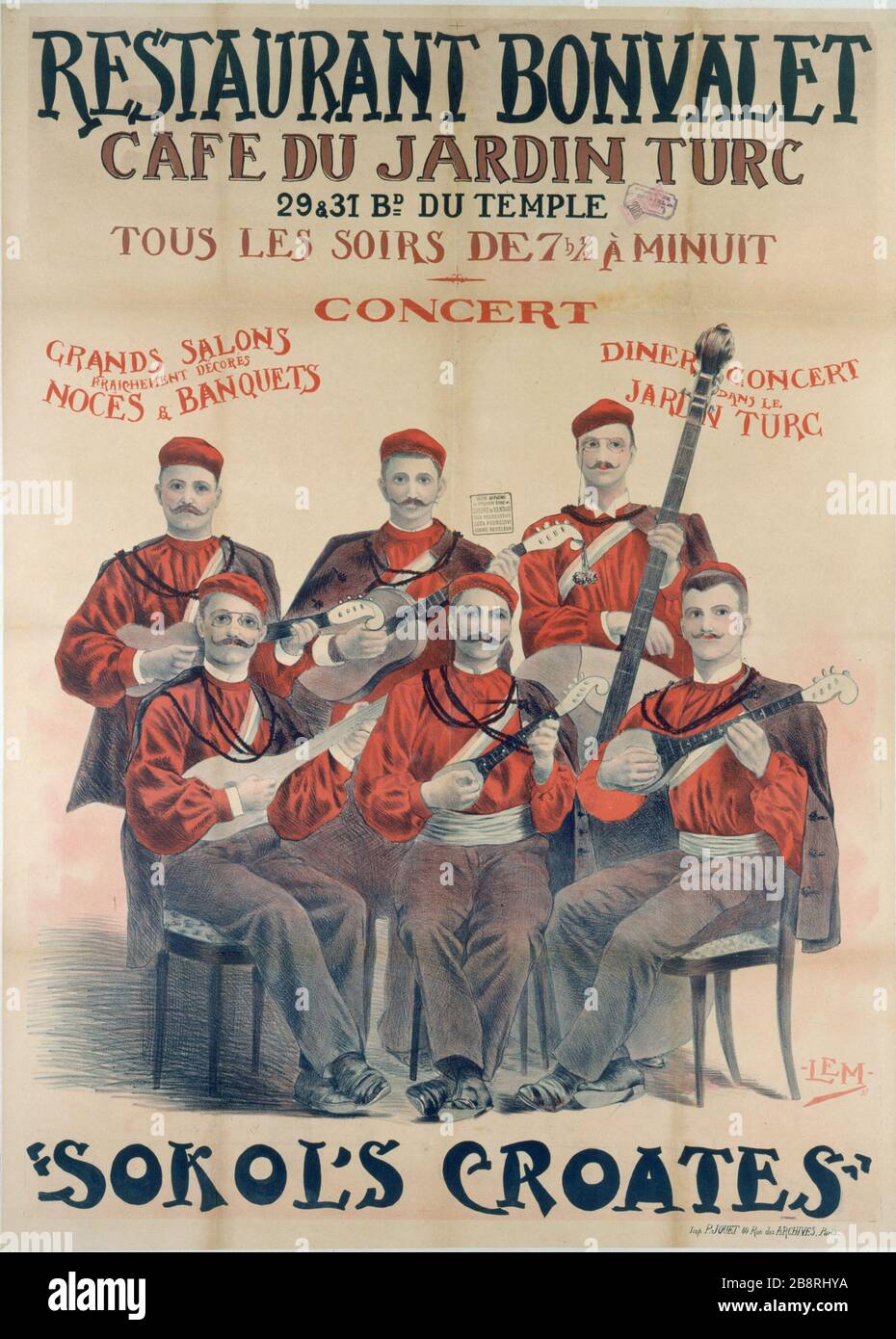 Restaurant BONVALET, CAFÉ GARDEN TURKISH Lem (actif vers 1900). 'Restaurant Bonvalet, café du jardin Turc - 29 et 31 boulevard du Temple : les Croates de Sokol'. Fiche. Paris, musée Carnavalet. Banque D'Images