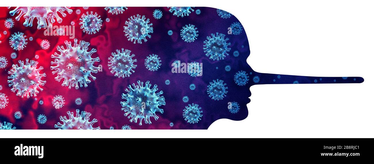 Les cicatrices de coronavirus et les mensonges médicaux ou les cicatrices de virus comme menteur malhonnête propageant de fausses informations médicales comme une métaphore à long nez comme faux médicament d'information. Banque D'Images