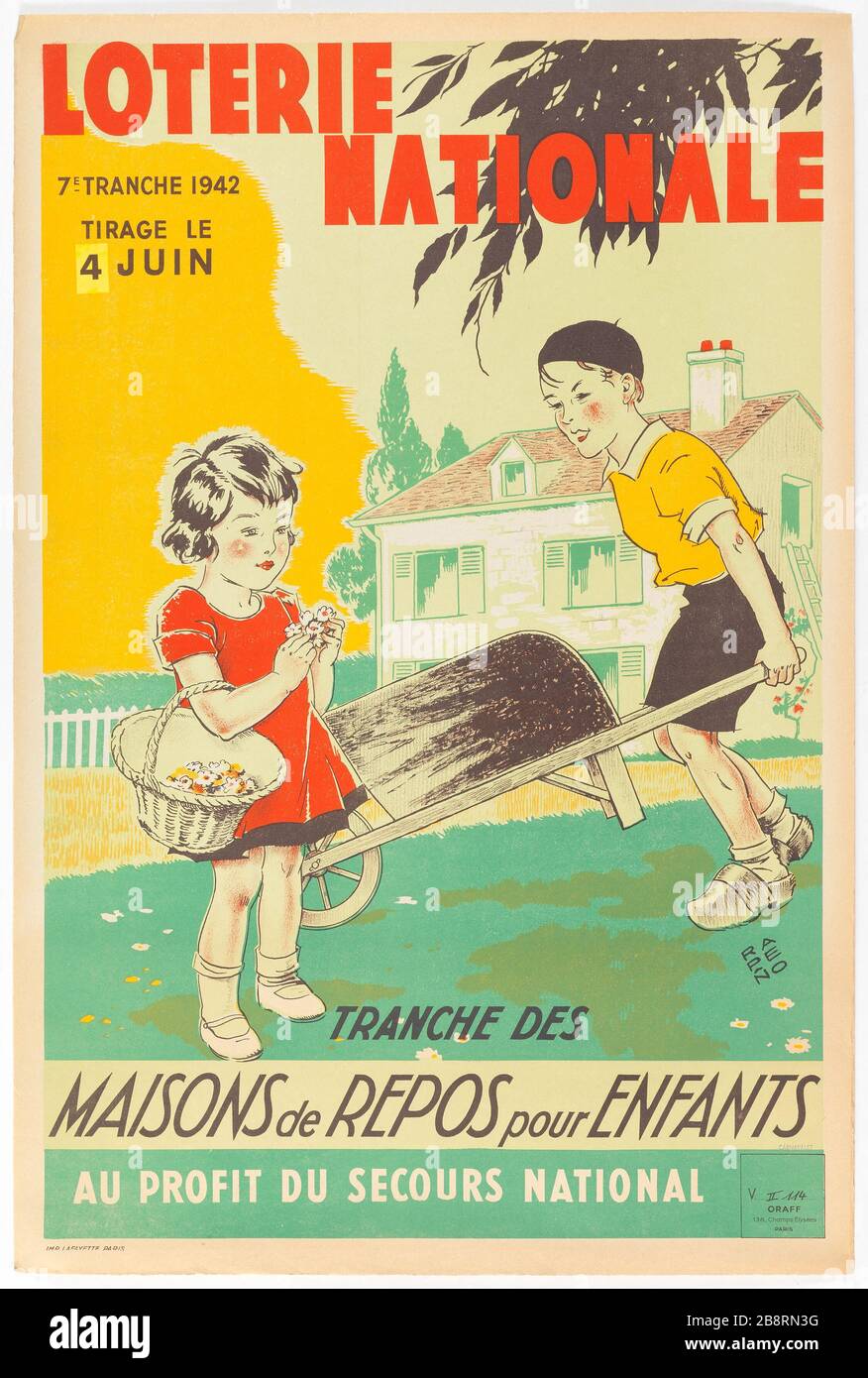 LOTERIE NATIONALE, 7 E SLICE 1942 DESSINER LE 4 JUIN, TRANCHE DE MAISONS DE REPOS POUR LES ENFANTS LE BÉNÉFICE DE L'URGENCE NATIONALE RAPENO, ARMAND. 'LOTERIE NATIONALE, 7E TRANCHE 1942, RAGE LE 4 JUIN, TRANCHE DES MAISONS DE REPOS POUR ENFANTS AU PROFIT DU SECOURS NATIONAL'. Lithographie couleur. En1942-1942. Paris, musée Carnavalet. Banque D'Images