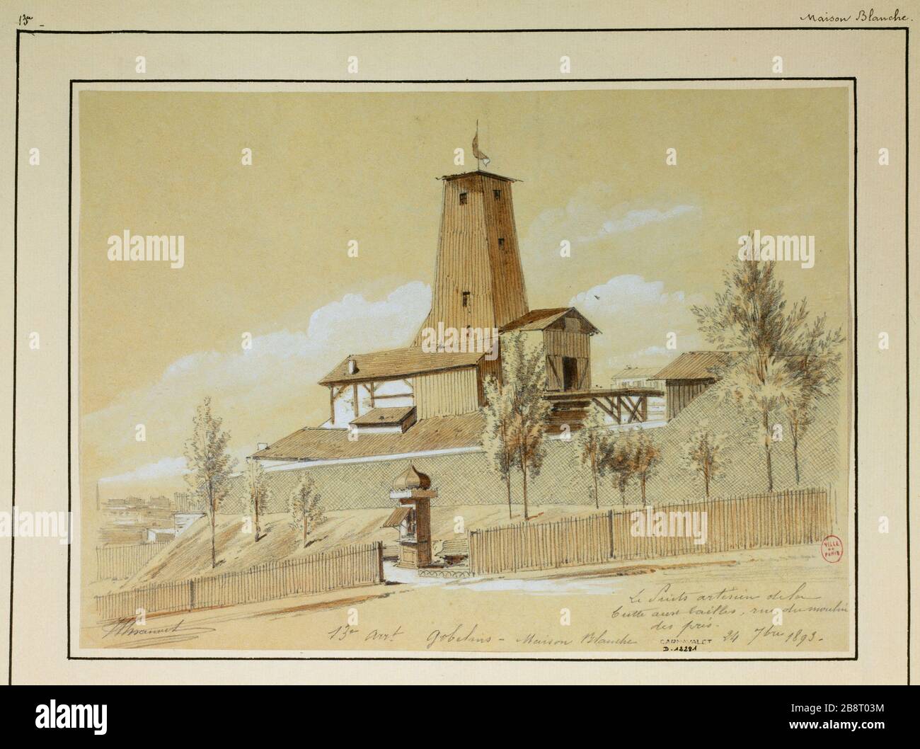 Le puits artésien de Butte-aux-Cailles rue du Moulin des Prés, Maison Blanche Gobelins, 13ème arrondissement Jules-Adolphe Chauvet (1828-1906). Le puits art de la Butte-aux-Cailles rue du Moulin-des-Prés, Gobelins Maison blanche, Paris (XIIème arr.). Mine de plomb, lavis de bistre et rehauts de gouache blanche sur papier vert, 1893. Paris, musée Carnavalet. Banque D'Images