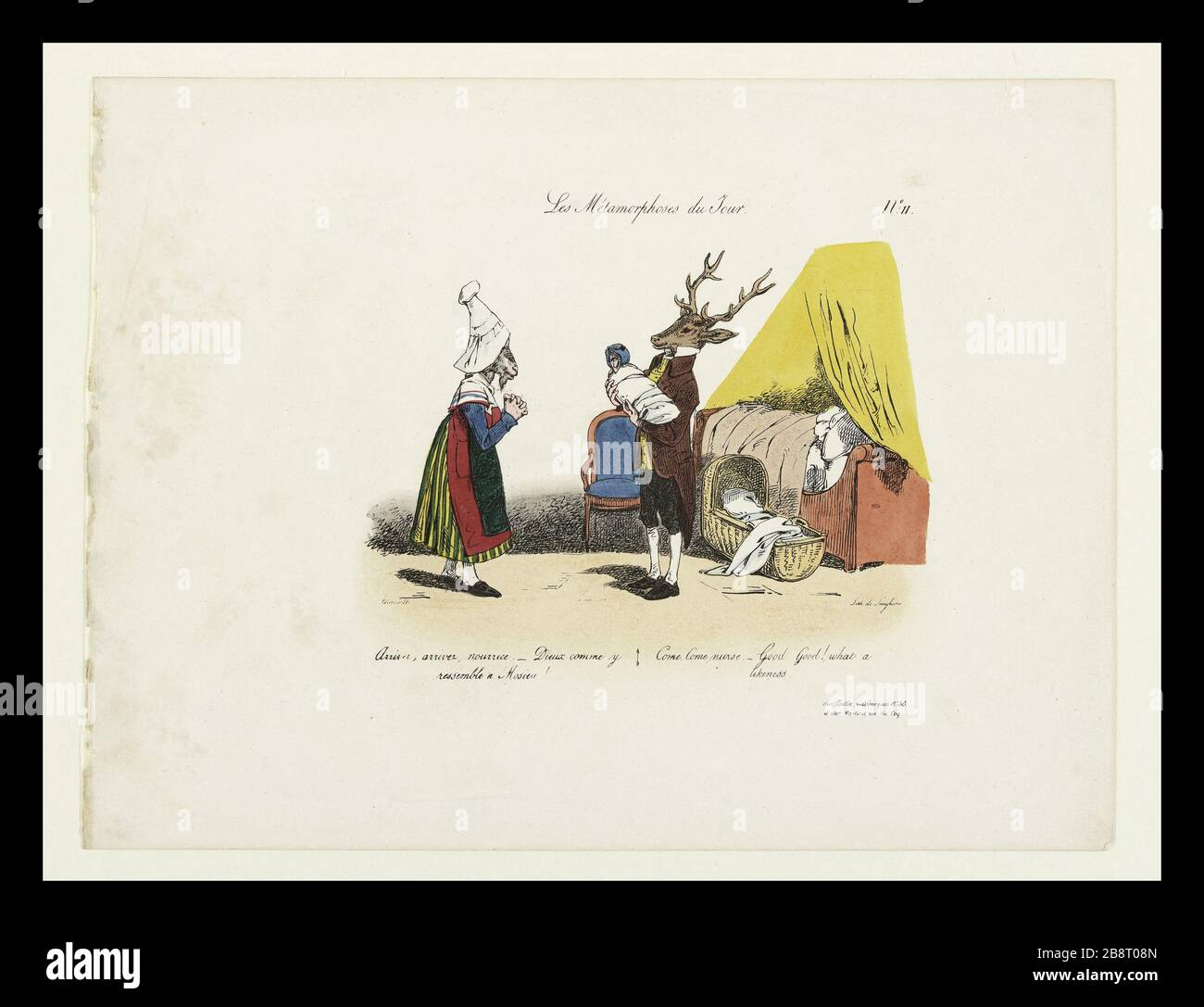 MÉTAMORPHOSE LE JOUR. VENEZ, VENEZ L'INFIRMIÈRE! DIEUX COMME UN MOSIUE R'EMBLE Y! VENEZ VENIR INFIRMIÈRE. DIEU DIEU! QUELLE ressemblance Grandville (Jean Ignace Isidore Gérard dit, 1803-1847). « les métamorphoses du jour. Arrivez, arrivez nourrit le riz ! Dieux comme y r'semble à Mosieu ! Venez venir infirmière. Dieu Dieu ! Quelle ressemblance'. Lithographie collégiée, 1829. Paris, Maison de Balzac. Banque D'Images
