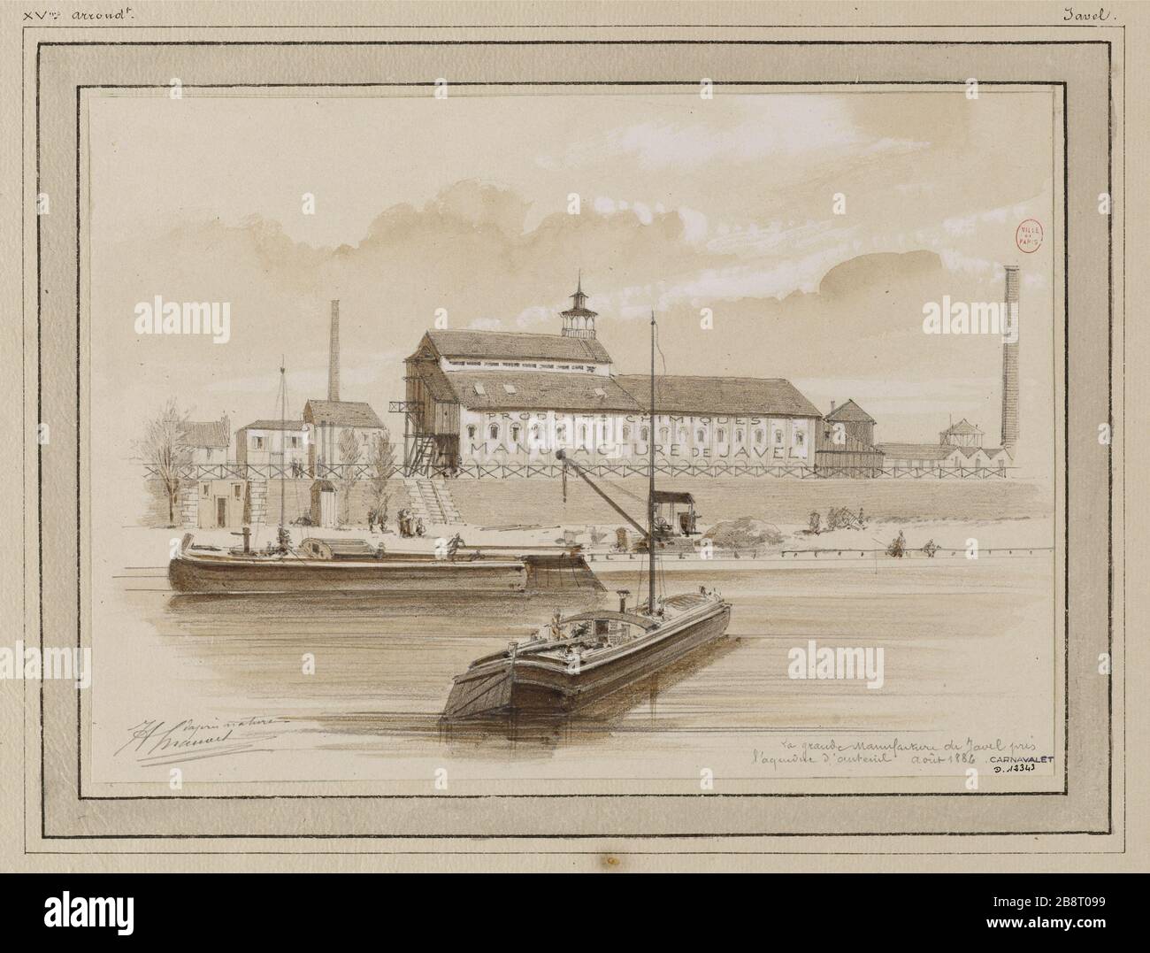 GRANDE USINE DE BLANCHIMENT, STATION D'EAU DE JAVEL Jules-Adolphe Chauvet (1828-1906). 'La grande fabrication de Javel, quai de Javel'. Crayon, lavis rehaust de gouache. Paris, musée Carnavalet. Banque D'Images