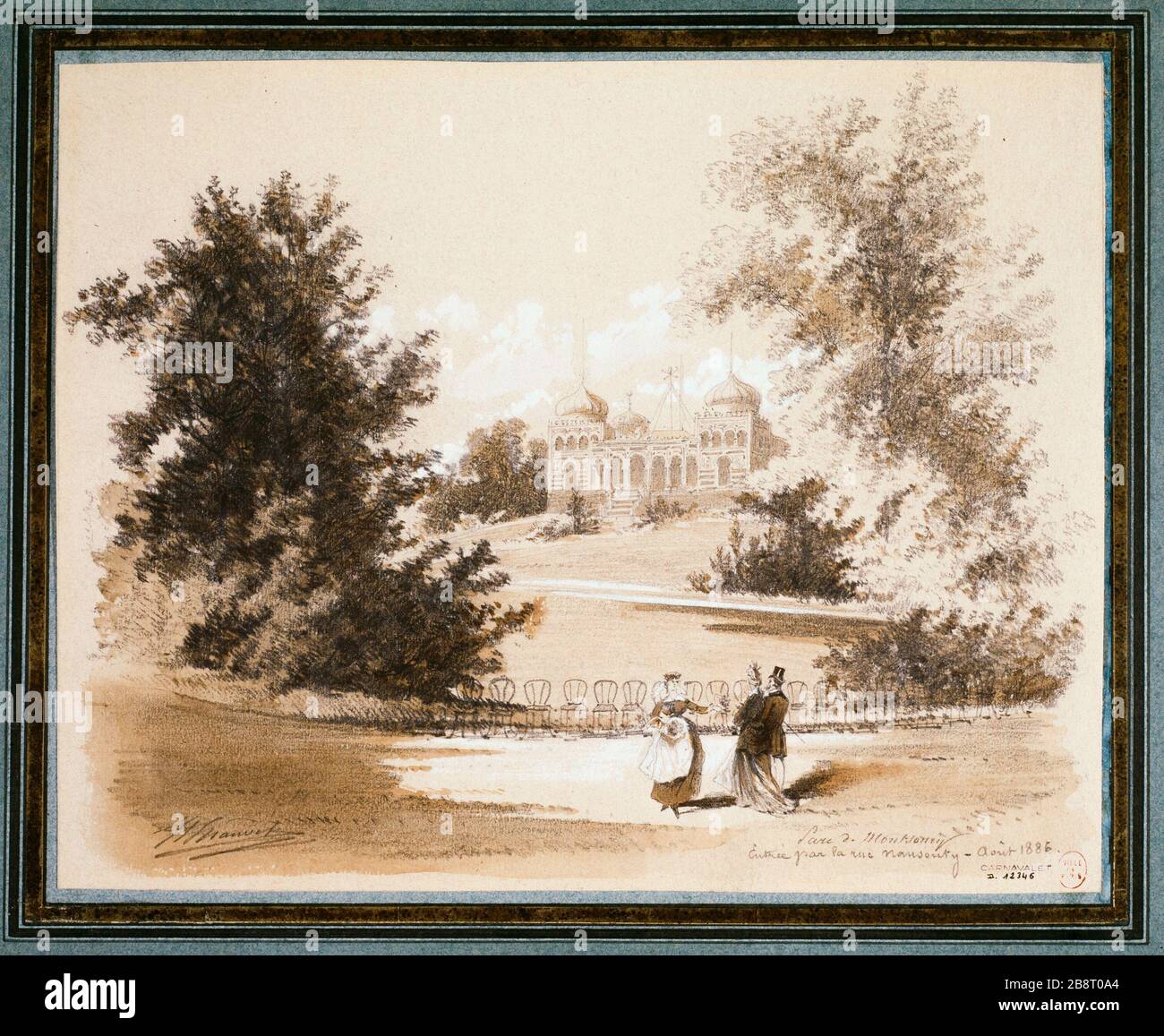 Le Pavillon Bardo dans le parc Montsouris est vu de l'entrée de la rue Nansouty, 14ème arrondissement Jules-Adolphe Chauvet (1828-1906). Le Pavillon du Bardo dans le parc Montsouris vu deupuis l'entrée de la rue Nansouty, Paris (XIVème arr.). Mine de plomb, lavis de bistre et rehauts de gouache blanche sur papier beige rosé, 1886. Paris, musée Carnavalet. Banque D'Images