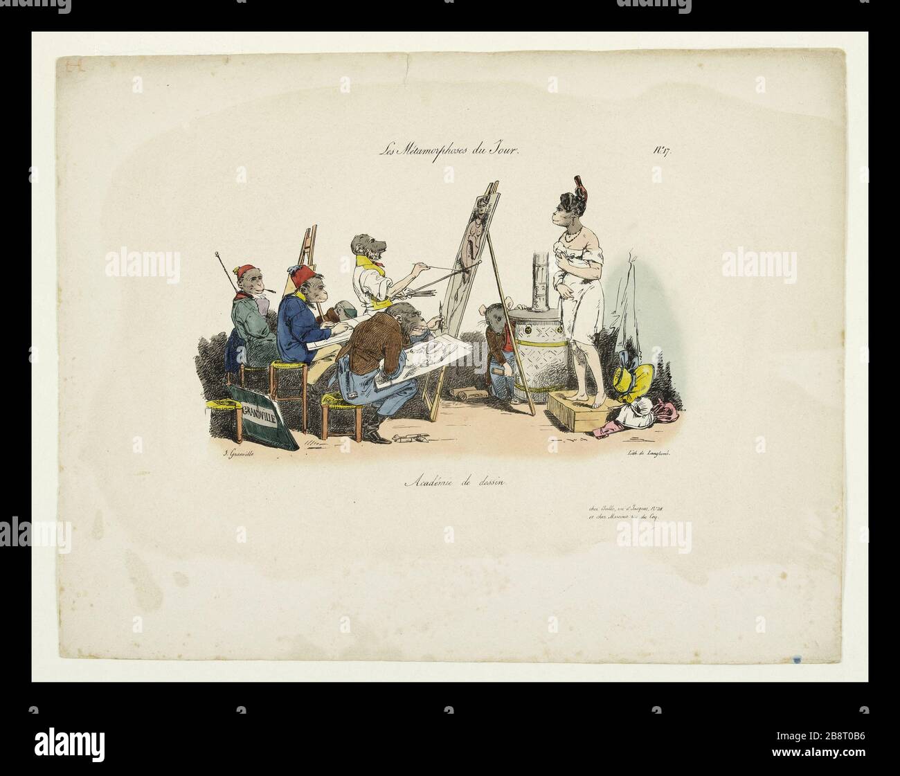 MÉTAMORPHOSE LE JOUR. ACADÉMIE DE DESIGN Grandville (Jean Ignace Isidore Gérard dit, 1803-1847). « les métamorphoses du jour. Académie de dessin. Lithographie collégiée, 1829. Paris, Maison de Balzac. Banque D'Images