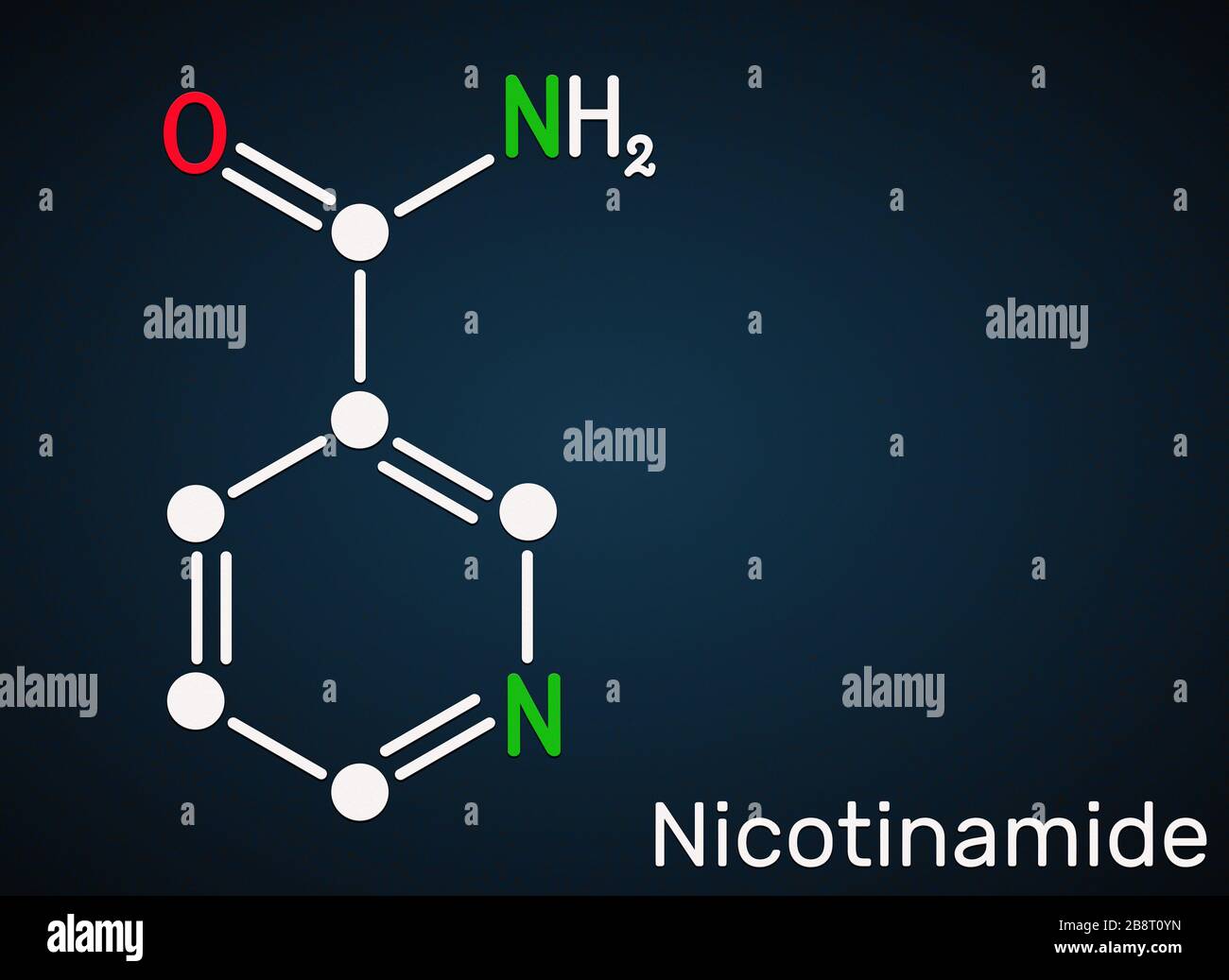 Nicotinamide, NAM, molécule de CO 6 N 2 O. C'est de la vitamine B 3 trouvée dans la nourriture, utilisée comme supplément alimentaire. Formule chimique structurelle sur le fond bleu foncé Banque D'Images