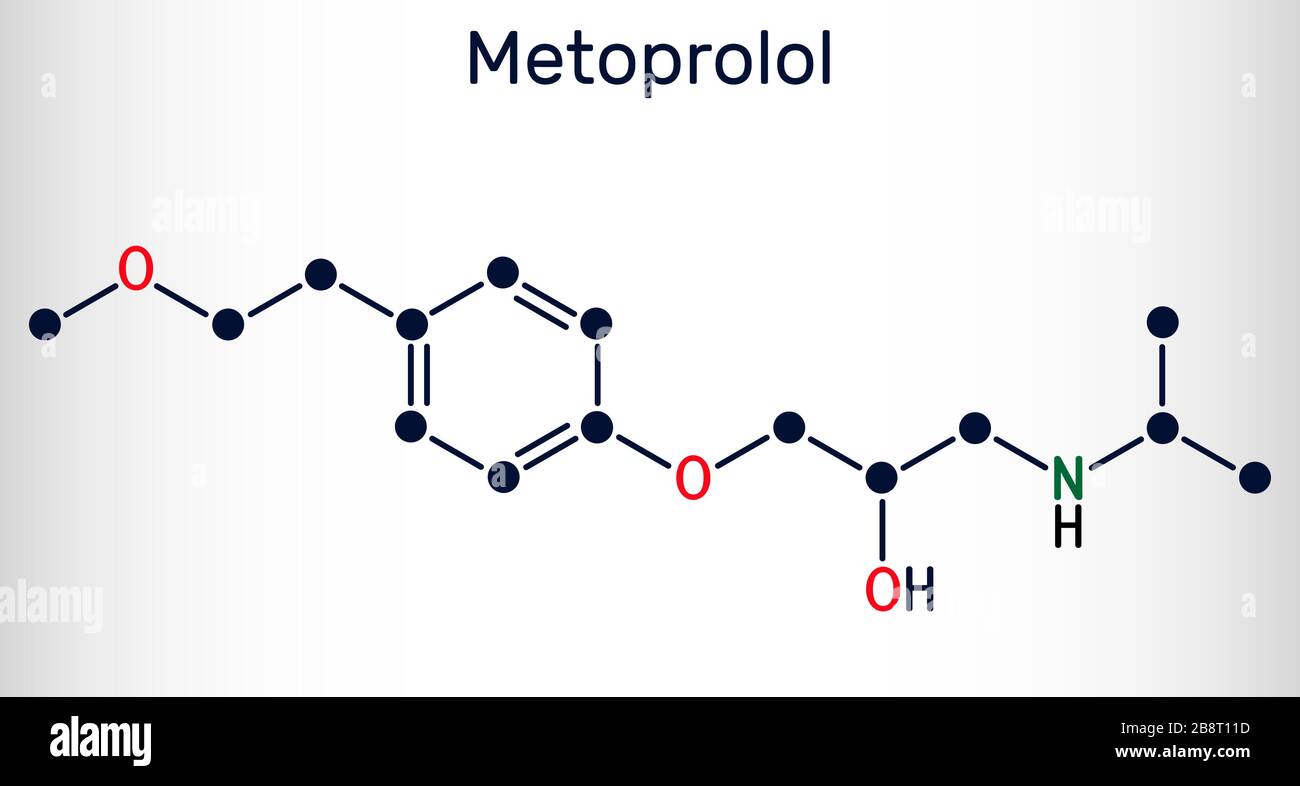 Metoprolol, molécule C15H25NO3. Il est utilisé dans le traitement de l'hypertension et de l'angine de poitrine. Formule chimique structurelle. Illustration vectorielle Illustration de Vecteur