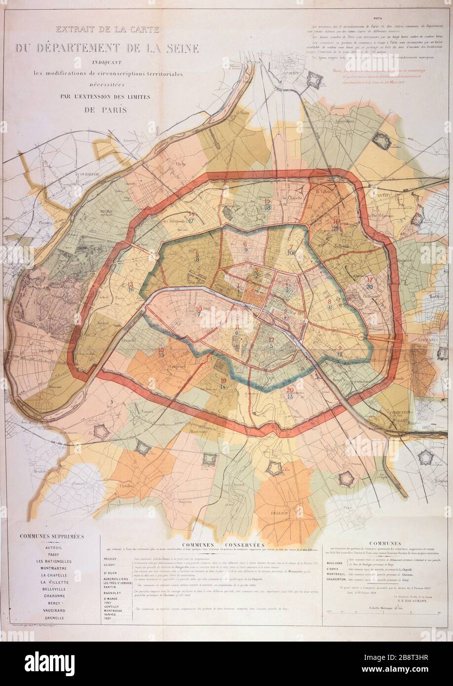 EXTRAIRE LA CARTE DU DÉPARTEMENT DE LA SEINE caractère de la carte du département de la Seine indiquant les modifications territoriales nécessaires par l'extension des limites de Paris. Estampe par les Frères avril. Paris, musée Carnavalet. Banque D'Images