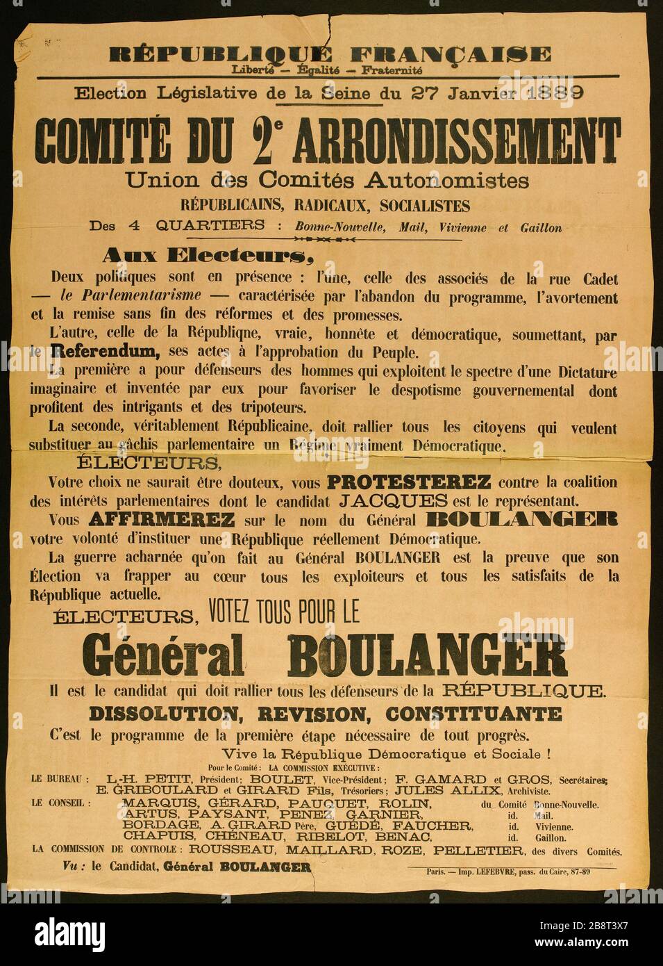 RÉPUBLIQUE FRANÇAISE, liberté- Egalité- Fraternité, Election législative de la Seine à partir du 27 janvier 1889, 2ème COMMISSION DE DISTRICT, Union des Comités RÉPUBLICAINS autonomes, RADICAUX, SOCIALISTES des 4 TRIMESTRES: Bonne nouvelle, Mail, Vivienne et Gaillon Imprimerie Lefebvre. RÉPUBLIQUE française, liberté- Egalité- Fraternité, Election Législative de la Seine du 27 janvier 1889, COMITE DU 2 ARRONDISSEMENT, Union des Comtés autonomes REPUBLICAINS, RADICAAUX, SOCIALISTES des 4 ARTISTES : bonne-Nouvelle, Mail, Vivienne et Gaillon. Typographie sur papier rose. 1889. Paris, musée Carnavalet. Banque D'Images