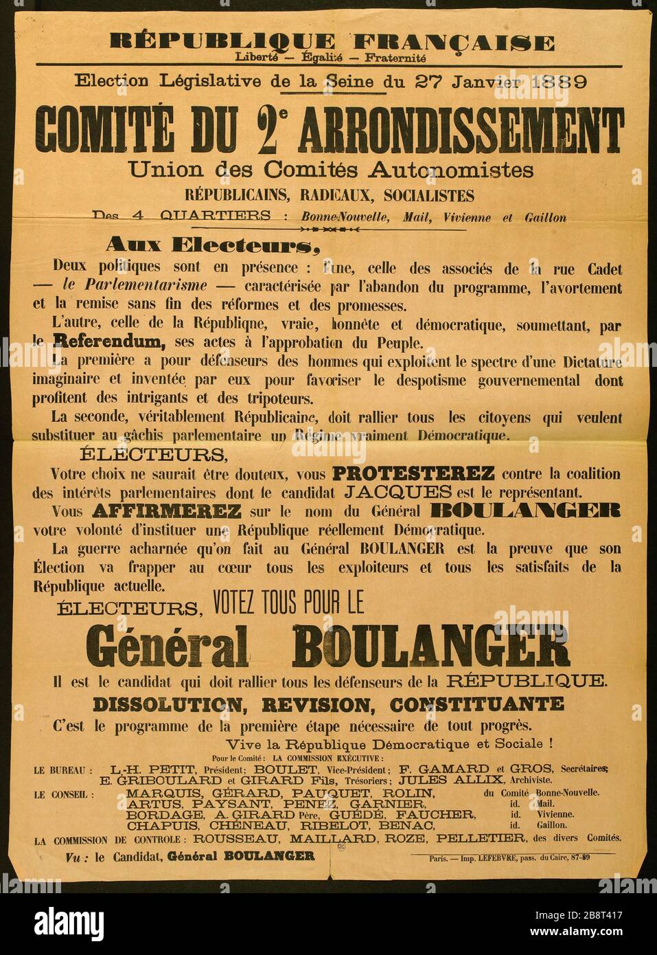 RÉPUBLIQUE FRANÇAISE, liberté- Egalité- Fraternité, Election législative de la Seine à partir du 27 janvier 1889, 2ème COMMISSION DE DISTRICT, Union des Comités RÉPUBLICAINS autonomes, RADICAUX, SOCIALISTES des 4 TRIMESTRES: Bonne nouvelle, Mail, Vivienne et Gaillon Imprimerie Lefebvre. RÉPUBLIQUE française, liberté- Egalité- Fraternité, Election Législative de la Seine du 27 janvier 1889, COMITE DU 2 ARRONDISSEMENT, Union des Comtés autonomes REPUBLICAINS, RADICAAUX, SOCIALISTES des 4 ARTISTES : bonne-Nouvelle, Mail, Vivienne et Gaillon. Typographie sur papier rose. 1889. Paris, musée Carnavalet. Banque D'Images
