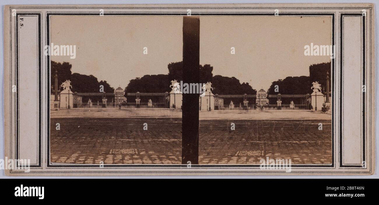 Vue sur les Tuileries, 1ère arrondissement, Paris. Vue sur les Tuileries vue sur les Tuileries, Paris (Ier arr.). Photo de Jacques Alexandre Ferrier (fils) (1831-1912). Vue stéréoscopique sur papier salé. Entre 1855 et 1865. Paris, musée Carnavalet. Banque D'Images