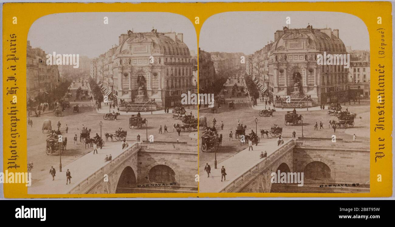 Vue de la Fontaine Saint-Michel du quai des Orfèvres, 6ème arrondissement, Paris vue de la Fontaine Saint-Michel pry du quai des Orfèvres, Paris (VIème arr.) . Photo d'Hippolyte Jouvin. Papier aluminé. 1863. Paris, musée Carnavalet. Banque D'Images