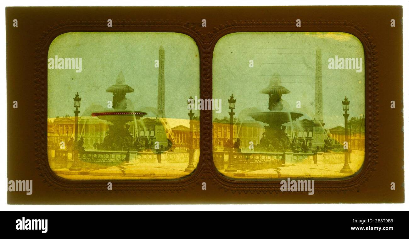 Place de la Concorde, 8ème arrondissement, Paris. Place de la Concorde 'place de la Concorde, Paris (VIIIème arr.)'. Photographie anonyme. Vue stéréoscopique transparence coloriée (effet nocturne), papier aluminé, tous de lumière, 1850-1900. Paris, musée Carnavalet. Banque D'Images