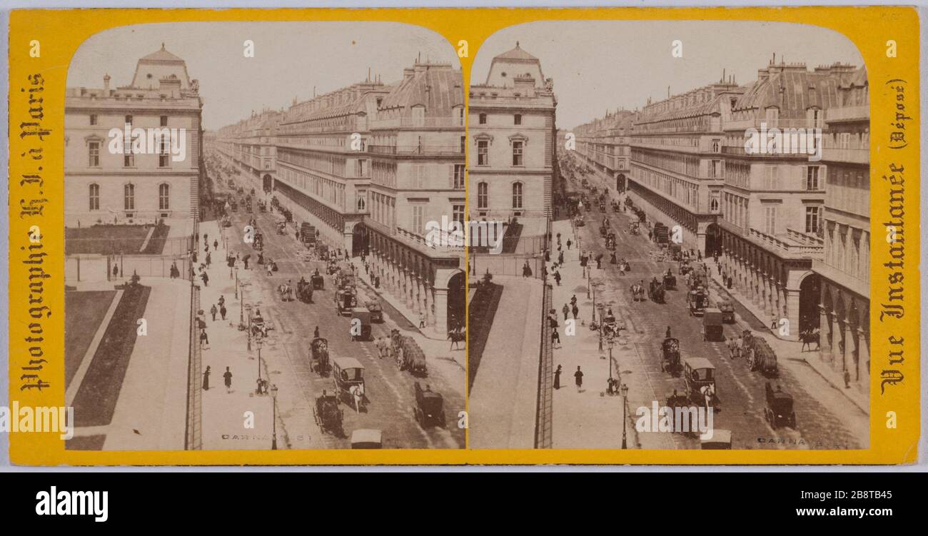 Rue de Rivoli et hôtel du Louvre 1ère arrondissement, Paris. Rue de Rivoli et hôtel du Louvre. Rue de Rivoli et hôtel du Louvre, Paris (Ier arr.). Photo d'Hippolyte Jouvin. Papier aluminé. 1863. Paris, musée Carnavalet. Banque D'Images