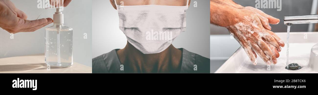 Corona virus mains hygiène coronavirus propagation pandémie prévention en-tête. Le médecin chinois qui porte un masque facial contre le lavage des mains de l'homme frottant Banque D'Images