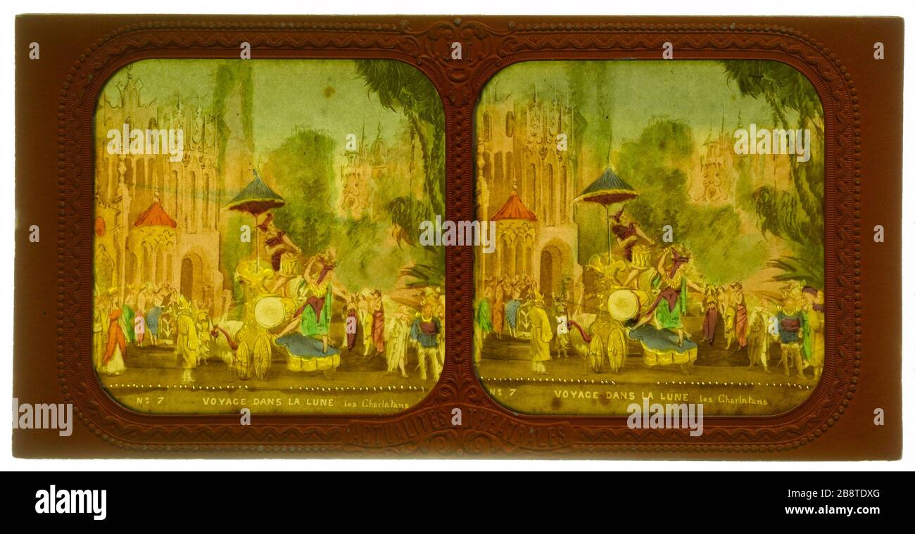 Voyage sur la Lune. 7 Voyage à la Lune les Charlatans 'Voyage dans la Lune'. 'n°7. Les Charlatans. Photo de Jules Alexandre Marinier. Vue stéréoscopique transparent froide avec vue d'écran sur papier aluminé. Avant 1876. Paris, musée Carnavalet. Banque D'Images