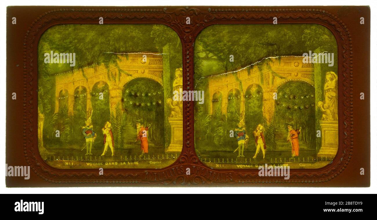 Voyage sur la Lune. 1 Voyage à la Lune Caprice 'Voyage dans la Lune'. 'n°1. Caprice'. Photo de Jules Alexandre Marinier. Vue stéréoscopique transparent froide avec vue d'écran sur papier aluminé. Avant 1876. Paris, musée Carnavalet. Banque D'Images