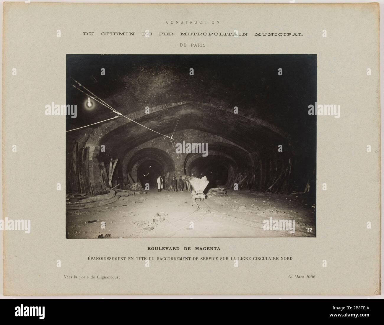 Bâtiment / chemin de fer municipal métropolitain / de Paris / Boulevard de Magenta / Service de réalisation reliant la tête à la ligne circulaire nord / vers la porte de Clignancourt / 13 mars 1906. Construction de la ville métropolitaine de Paris: Service de développement reliant la tête à la ligne circulaire nord, boulevard Magenta, 9ème et 10ème quartiers Construction du chemin de fer métropolitaine municipale de Paris : l'établissement en tête du accordéon de service sur la ligne circulaire nord, boulevard Magenta, 9ème et Paris (Xème arr.). Photographie anonyme. Rage au gélatino-chl Banque D'Images