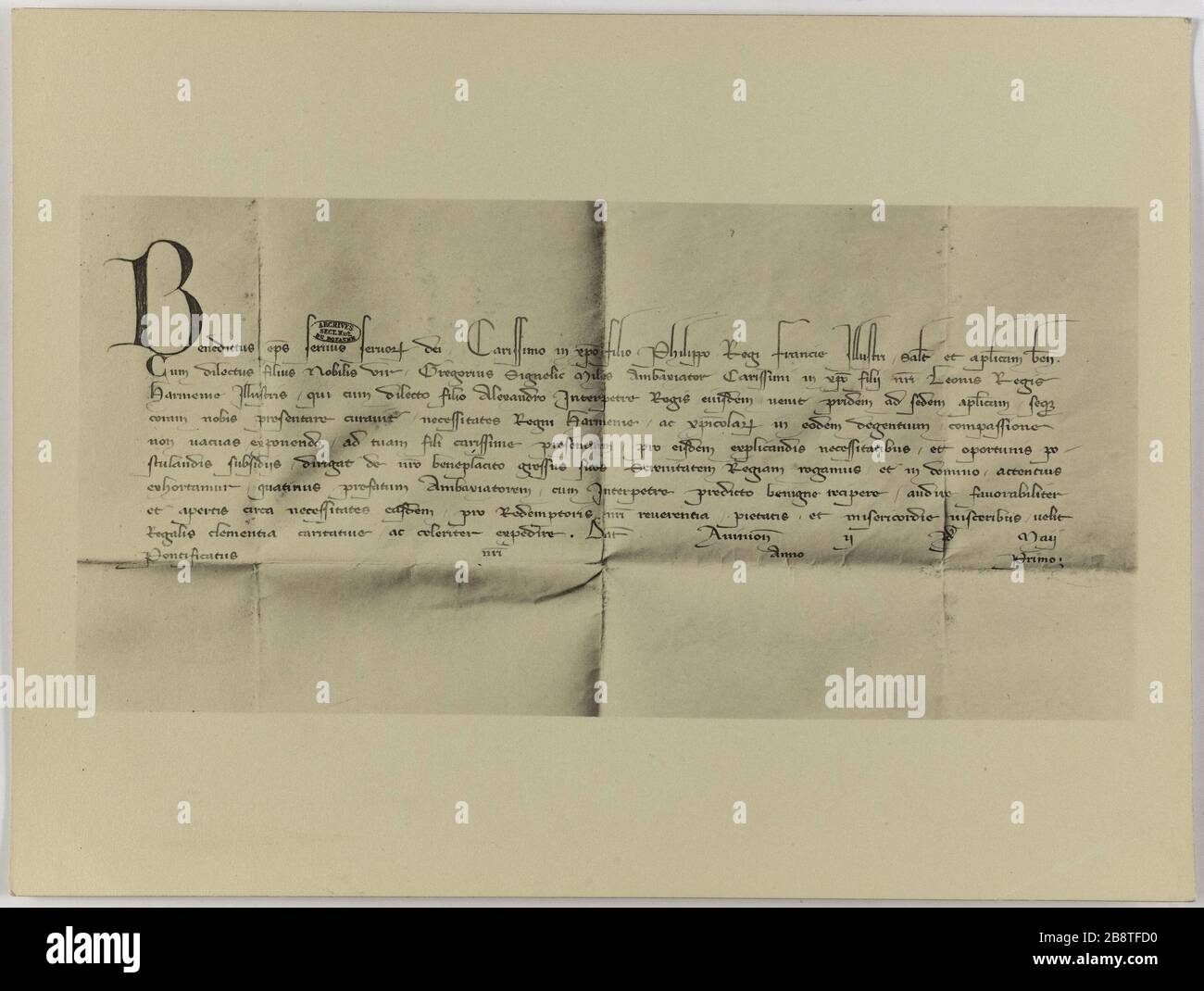 5 - taureau de Benoît XII adressée à Philippe VI, roi de France / lui recommandant un ambassadeur de Léon, roi / Arménie, 1335. Bull de Benoît XII le roi de France, Philippe VI, en date de 1335. Bulle de Benoît XII au roi de France Philippe VI, datée de 1335, pour lui recommmander un ambassadeur (Léon, roi d'Arménie?). Photographie anonyme. Rage au gélatino-bromure d'argent. Paris, musée Carnavalet. Banque D'Images