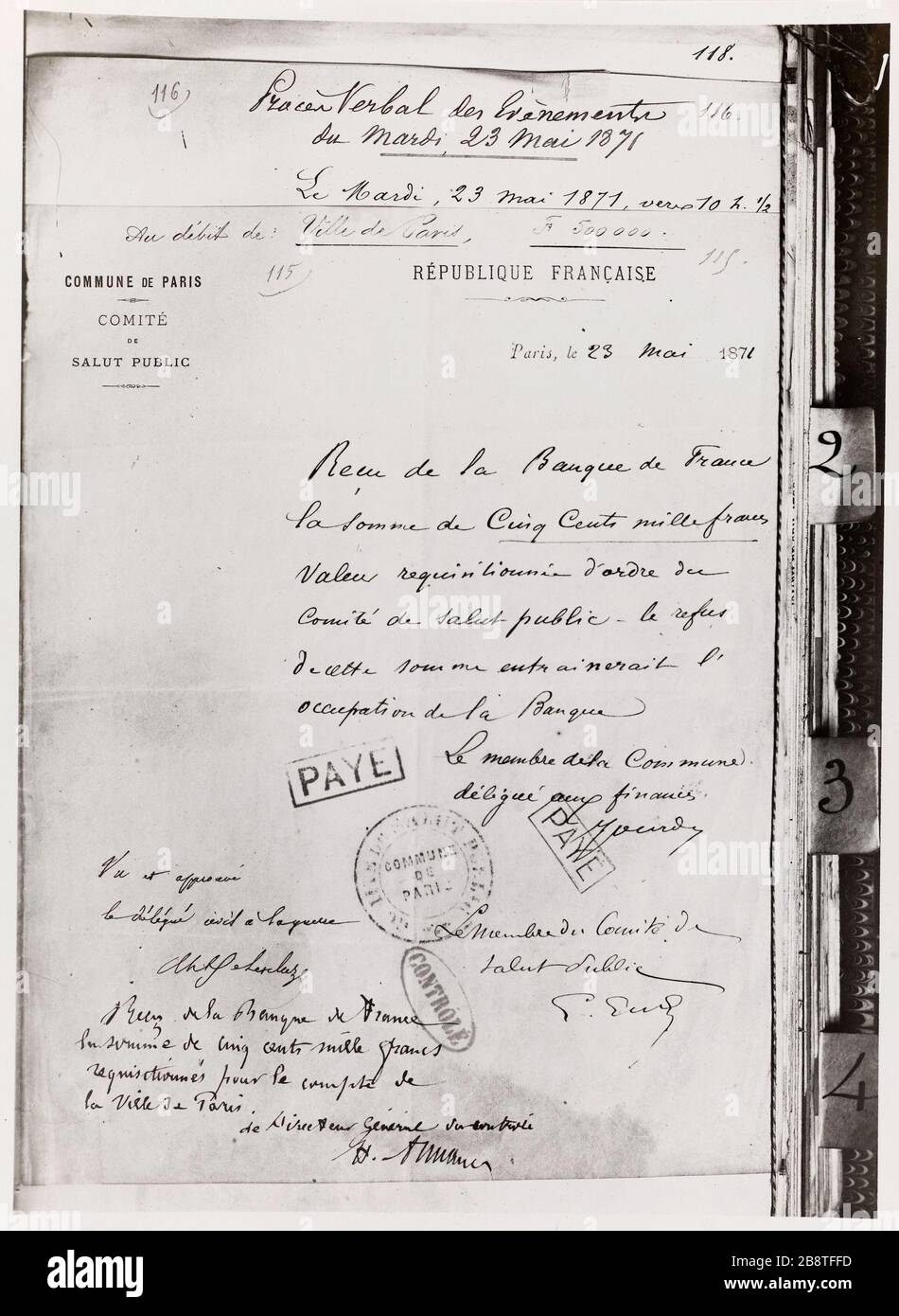 Demande de la commune de Paris / 1871 document officiel pour la demande de somme d'argent du Comité public des bonjour à la Banque de France, en mai 1871. Document officiel pour la recherche d'une somme d'argent de la part du Comité du marché public auprès de la Banque de France, mai 1871. Anonyme. Rage au gélatino-bromure d'argent. Paris, musée Carnavalet. Banque D'Images
