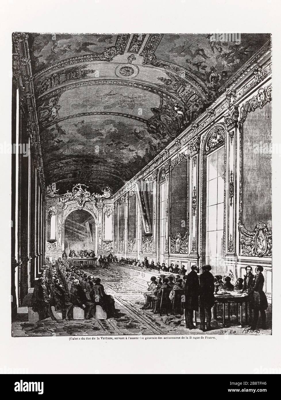 Galerie du duc de Vrilliere pour l'assemblée générale des actionnaires de la Banque de France. Galerie du duc de Vrilere pour l'assemblée générale des actionnaires de la Banque de France (1ère arrondissement, Paris). Galerie du duc de la Vrilère servant à l'assemblée générale des actionnaires de la Banque de France. Paris (Ier arr.). Photographie anonyme. Rage au gélatino-bromure d'argent. Paris, musée Carnavalet. Banque D'Images