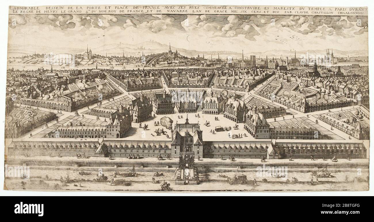 Le plan admirable de la porte et de la place de la France avec des rues a commencé à construire. Claude Chastillon (1559-1616). L'admirable dessein de la porte et place de France avec ses commentaires commencée(s) à construire. Burin, eau-forte. Paris, musée Carnavalet. Banque D'Images