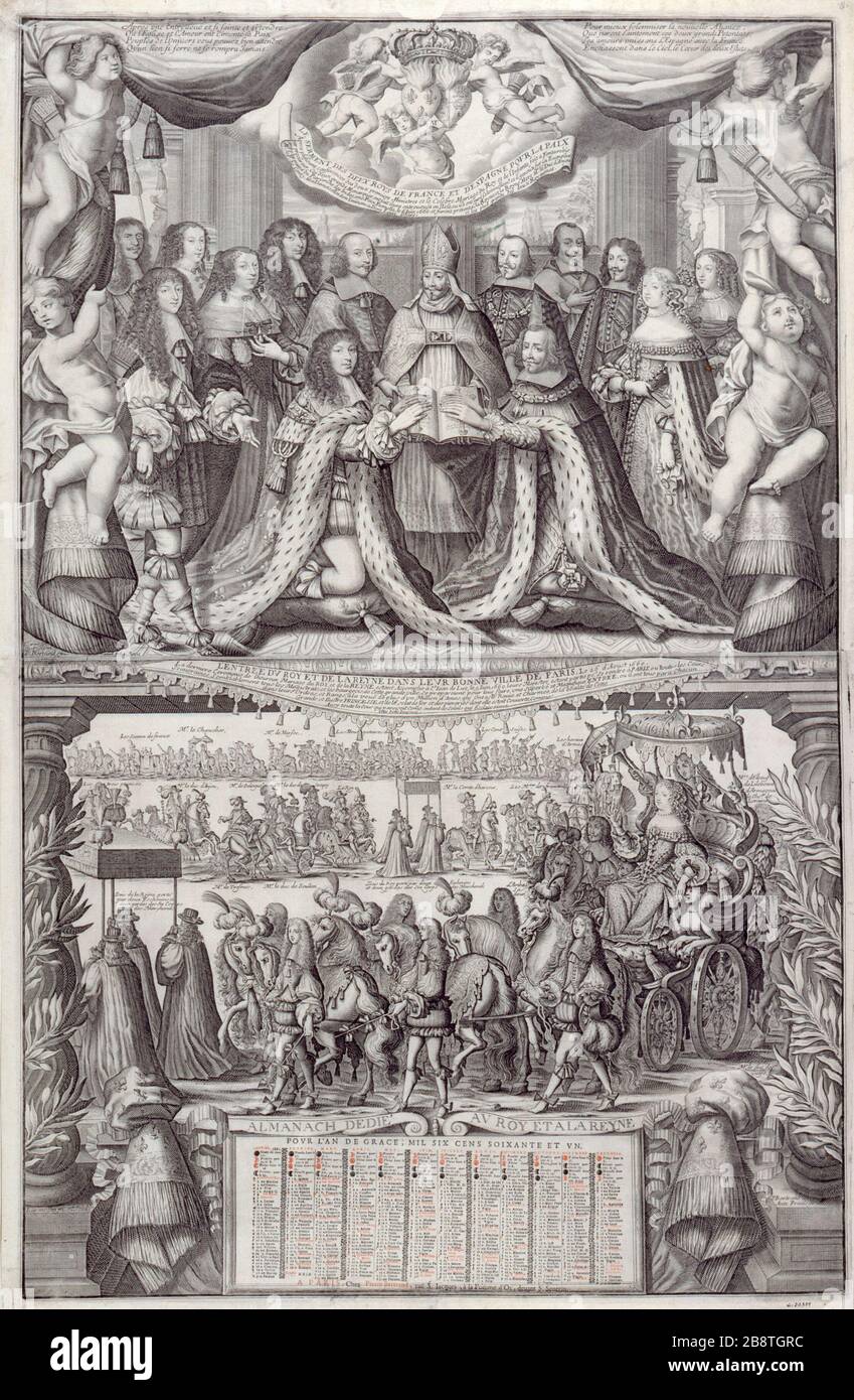 FRANCE - ALMANAC POUR 1661 SERMENT DEUX ROIS DE FRANCE ET D'ESPAGNE POUR LA PAIX NICOLAS II DE LARMESSIN (1638-1694). 'Almanach pour 1661 : le serment des deux régions d'intérêt de France et d'Espagne pour la paix'. Gravure, 1661. Paris, musée Carnavalet. Banque D'Images