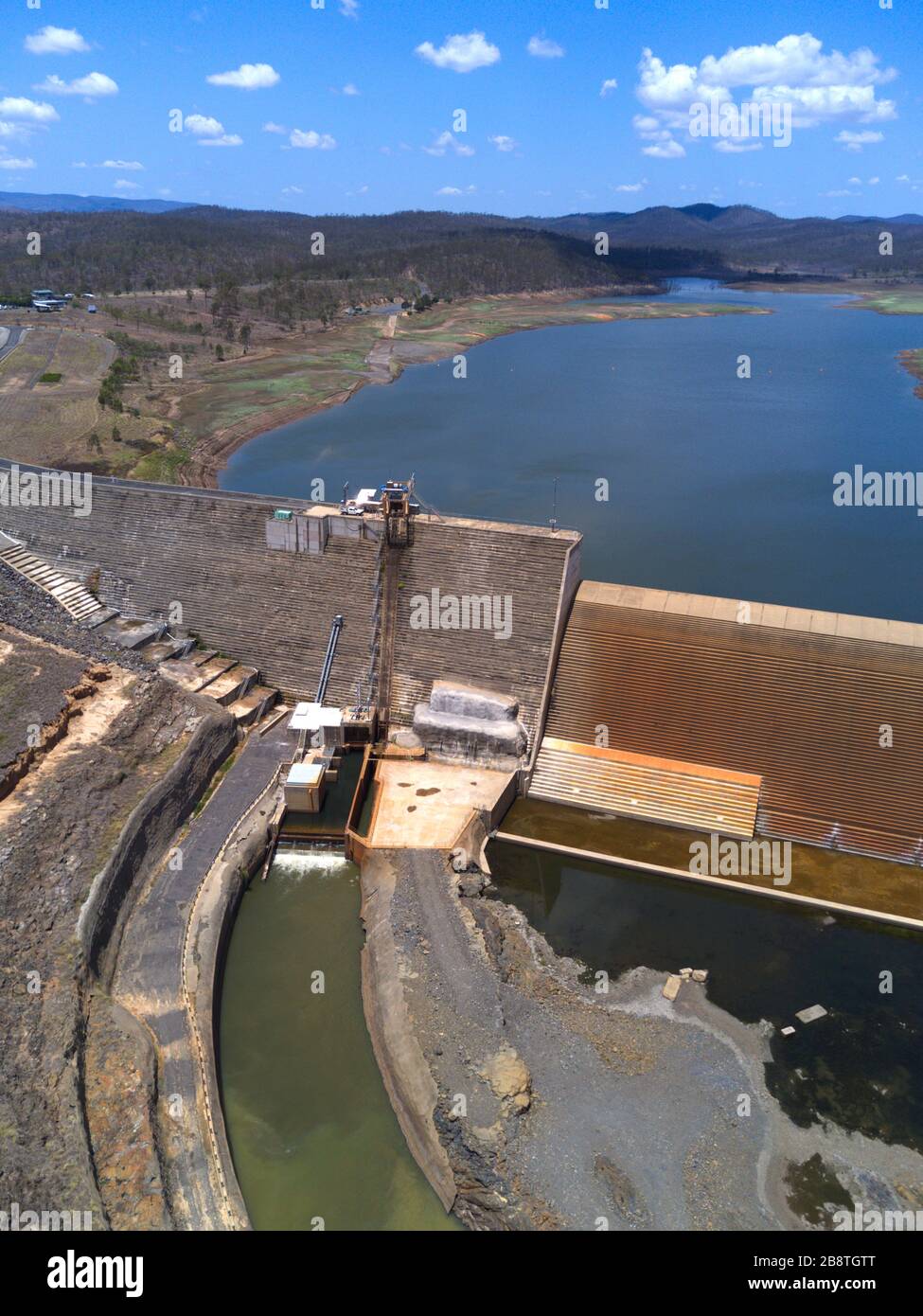 Antenne du système de levage d'échelle de poisson construit au barrage Paradise sur la rivière Burnet Queensland Australie Banque D'Images