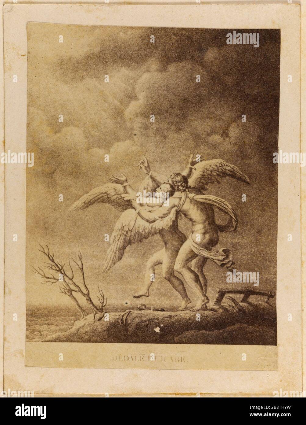 Photographie d'un document. Daedalus et Icarus par un brûleur à huile Mulinaris Guilio Romano (école italienne). Document. Dédale et Icare par le grave Mulinaris d'une huile de Guilio Romano (école italienne). Photographie anonyme. Rage sur papier alluminé. Paris, musée Carnavalet. Banque D'Images